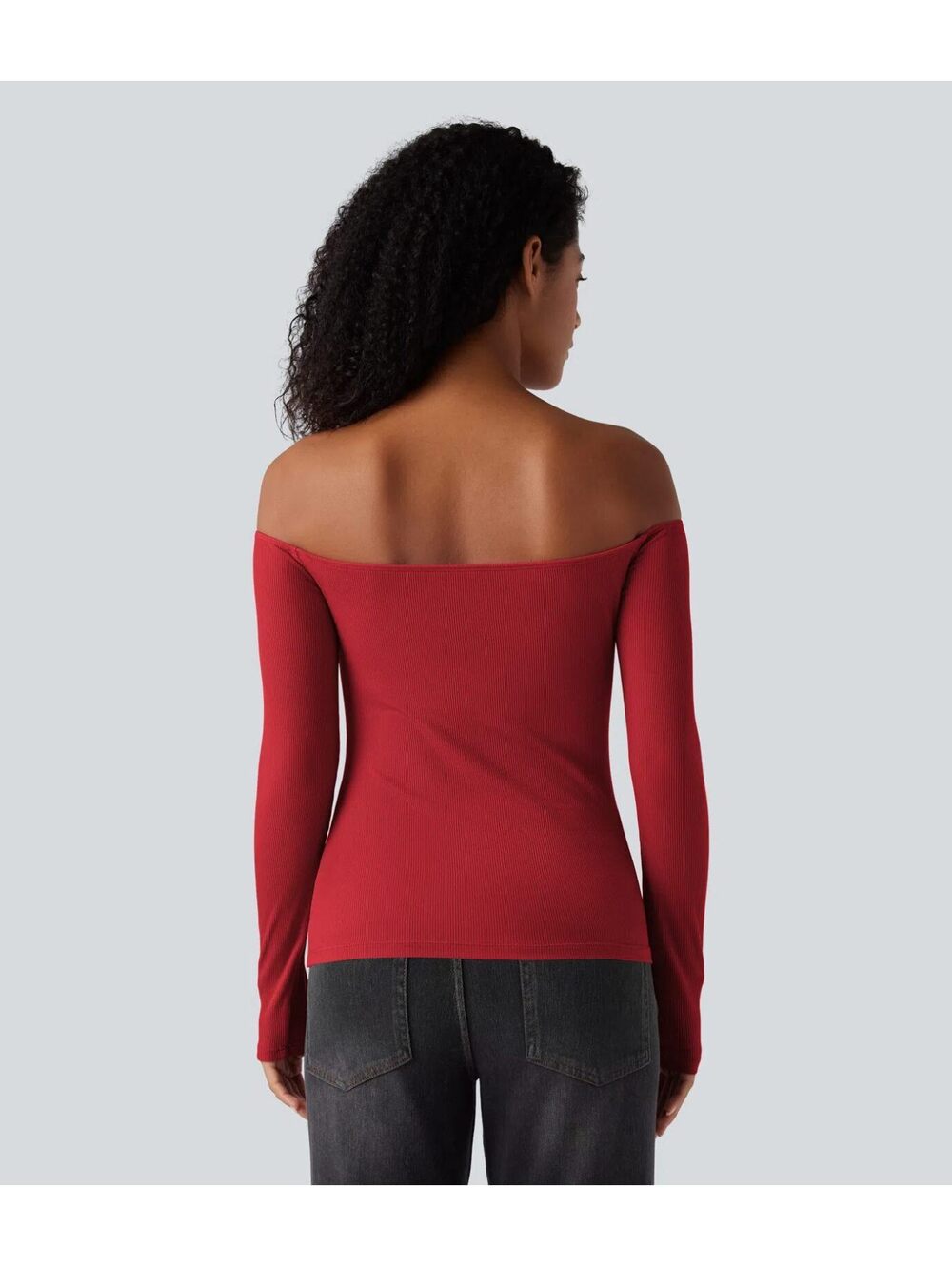 Halara Ribbed Knit Off Shoulder Long Sleeve 2-in-1 Casual Top Red Size Large - Picture 2 of 10